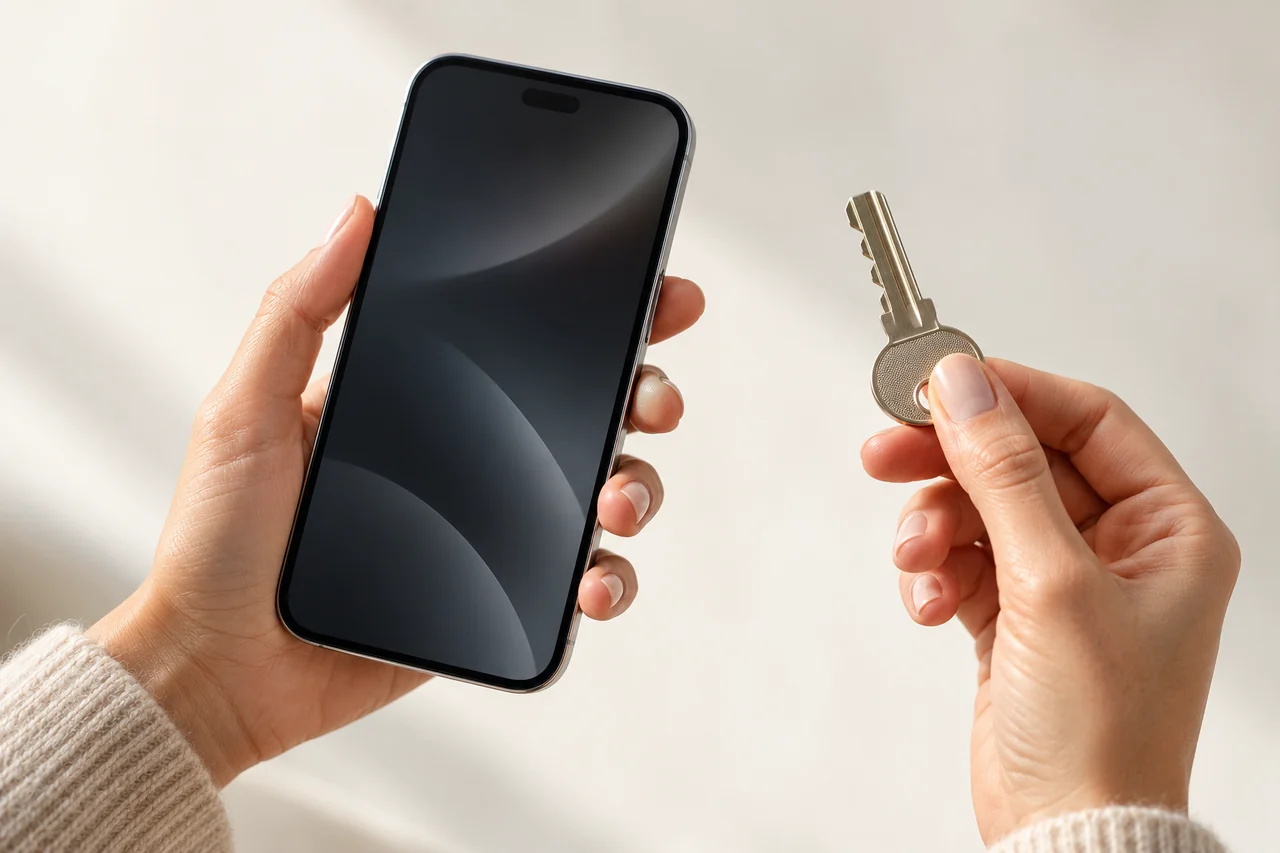 Telefono e chiave di sicurezza tra le mani