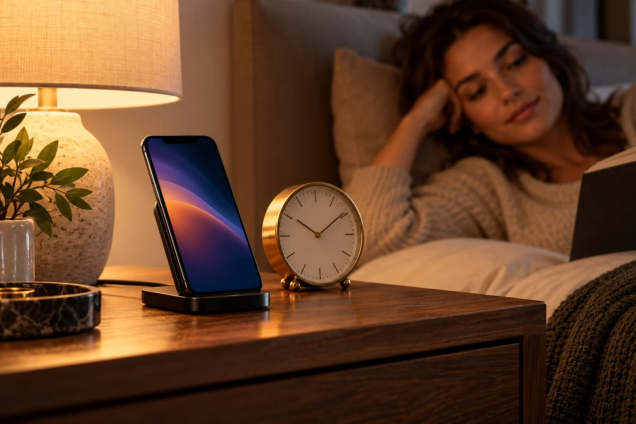 Telefono vicino a un orologio su un comodino